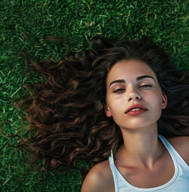 "Curly hair with visible frizz, illustrating the texture and volume common in curly styles."