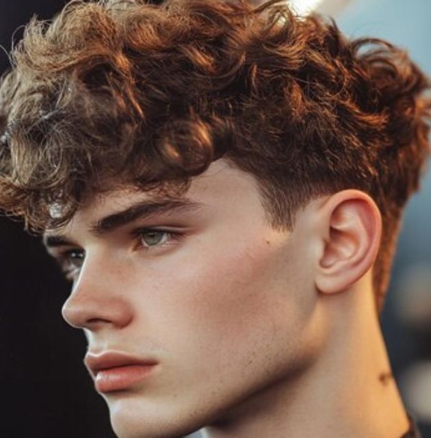 "Short curly haircut for men with a classic taper fade, combining clean lines and a stylish fade to complement natural curls."