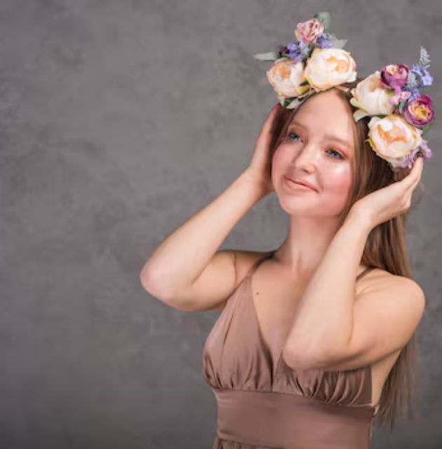 "Bridal hairstyle for short curly hair adorned with floral headpieces, offering a fresh and romantic touch to your wedding day look."







