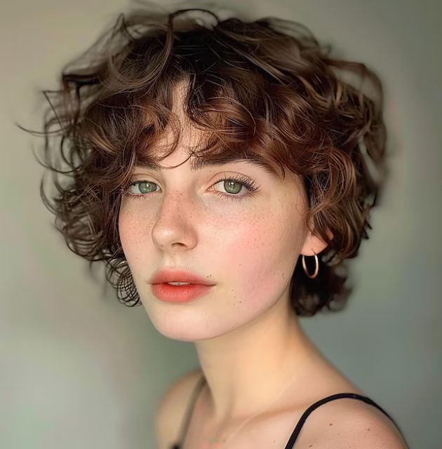 "Bridal hairstyle for short curly hair with a tousled pixie cut, adding a chic and effortless touch to your wedding look."







