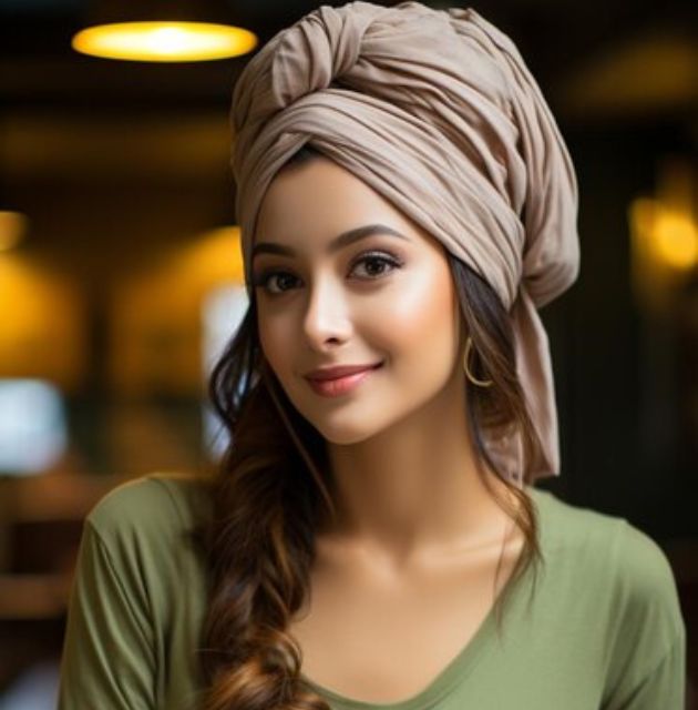 "Person wearing a Bouclème silk turban, showcasing the smooth and luxurious fabric used to protect curly hair overnight."